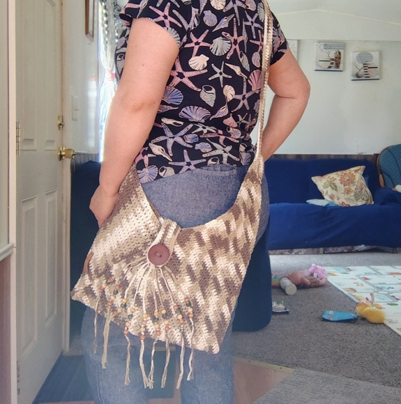 NWOT Handmade Crochet Boho Chic Hippie Crossbody Bag with Fringe Cotton. - Picture 2 of 15